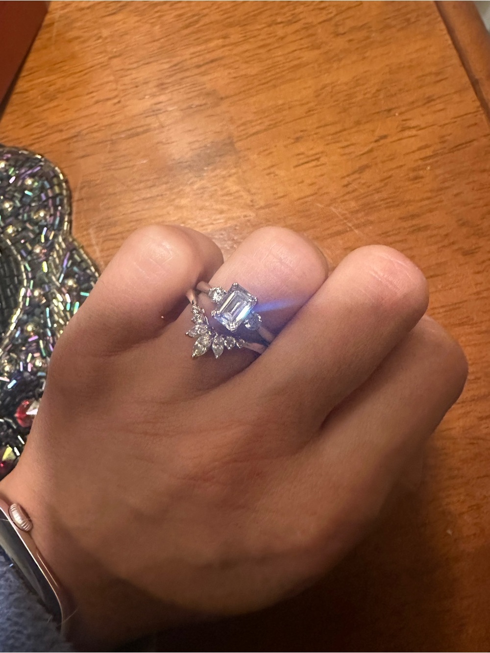 Silver Crystal Halo Emerald-Cut Ring – White